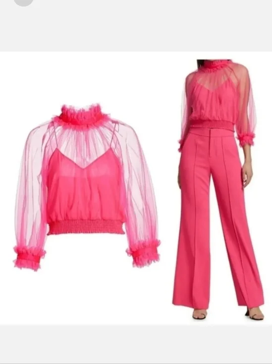 Alice + Olivia Alexia Ruffled Sheer Blouse in Pink Size  XS NWOT - Picture 11 of 12